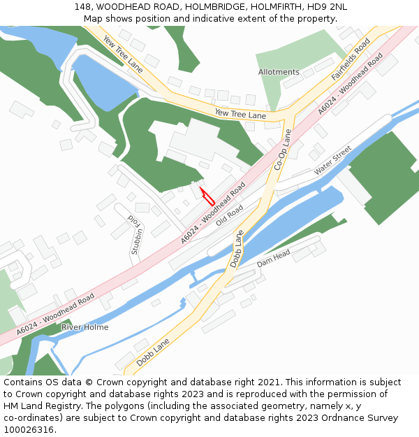 148, WOODHEAD ROAD, HOLMBRIDGE, HOLMFIRTH, HD9 2NL: Location map and indicative extent of plot