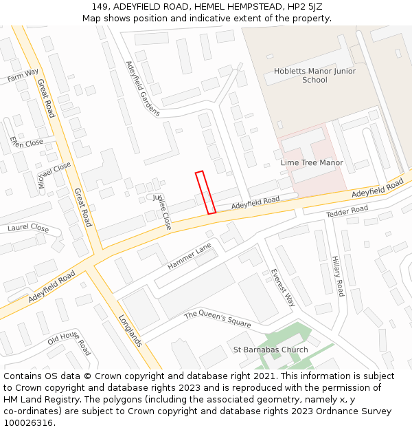 149, ADEYFIELD ROAD, HEMEL HEMPSTEAD, HP2 5JZ: Location map and indicative extent of plot