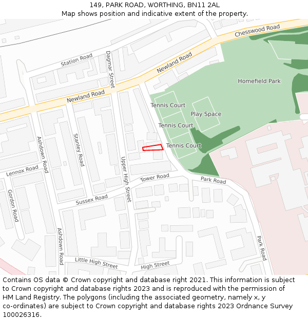 149, PARK ROAD, WORTHING, BN11 2AL: Location map and indicative extent of plot