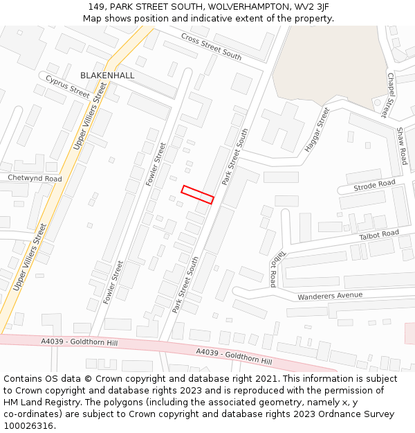 149, PARK STREET SOUTH, WOLVERHAMPTON, WV2 3JF: Location map and indicative extent of plot