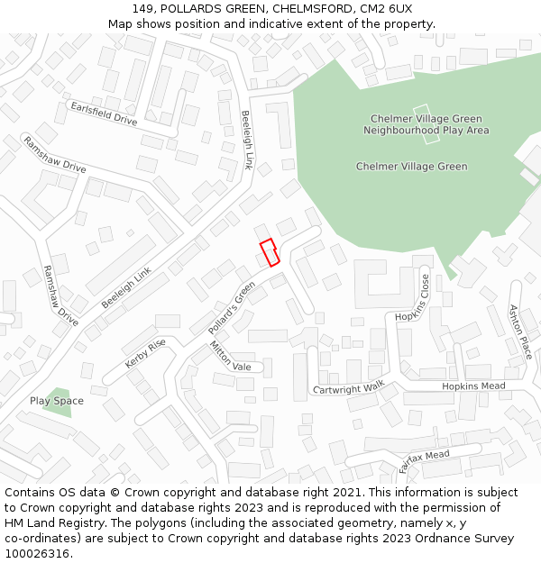 149, POLLARDS GREEN, CHELMSFORD, CM2 6UX: Location map and indicative extent of plot