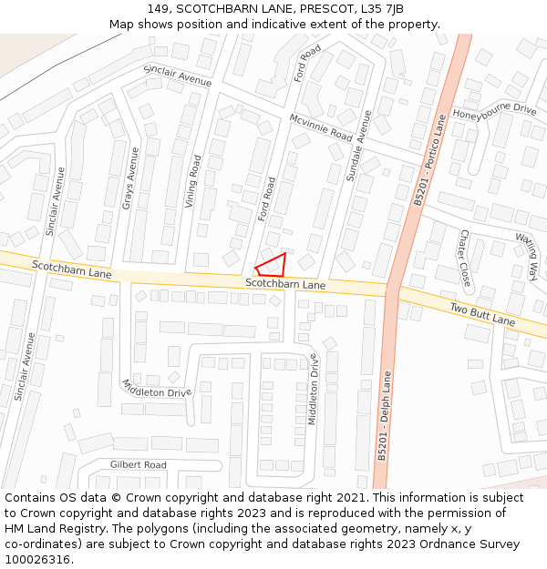 149, SCOTCHBARN LANE, PRESCOT, L35 7JB: Location map and indicative extent of plot