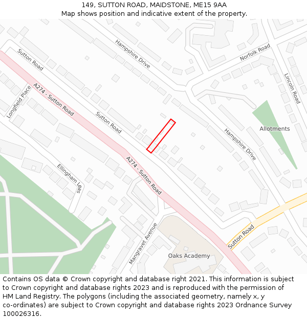 149, SUTTON ROAD, MAIDSTONE, ME15 9AA: Location map and indicative extent of plot