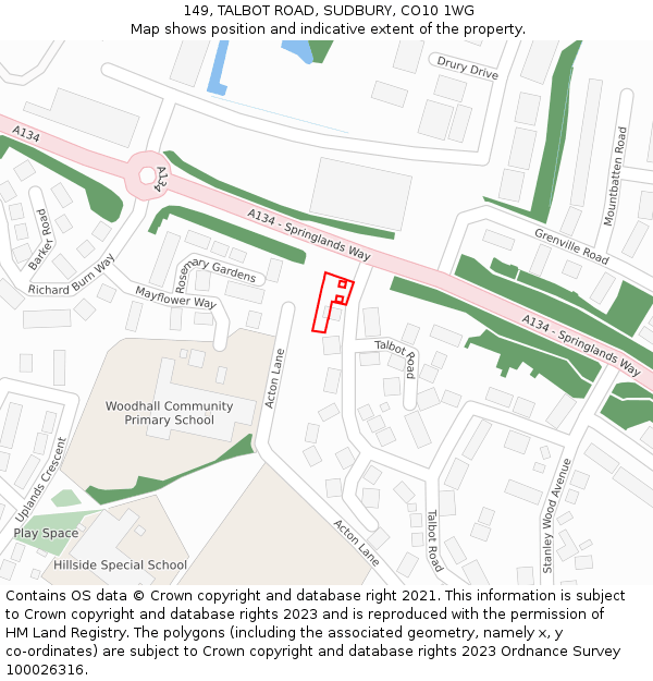 149, TALBOT ROAD, SUDBURY, CO10 1WG: Location map and indicative extent of plot