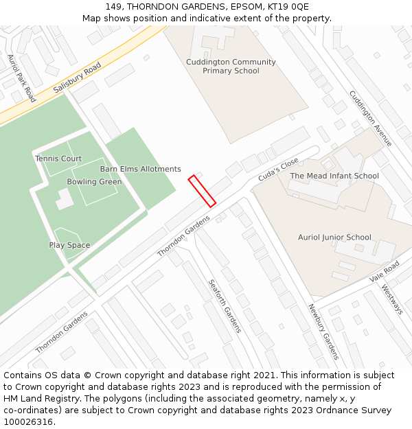 149, THORNDON GARDENS, EPSOM, KT19 0QE: Location map and indicative extent of plot