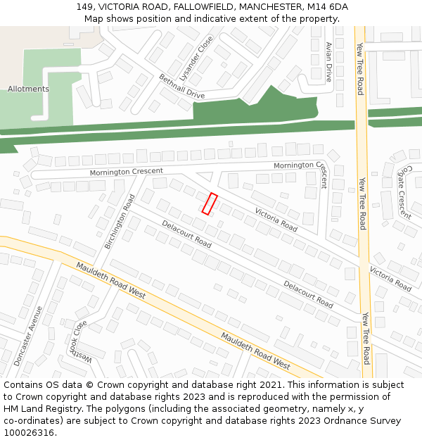 149, VICTORIA ROAD, FALLOWFIELD, MANCHESTER, M14 6DA: Location map and indicative extent of plot
