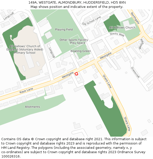 149A, WESTGATE, ALMONDBURY, HUDDERSFIELD, HD5 8XN: Location map and indicative extent of plot