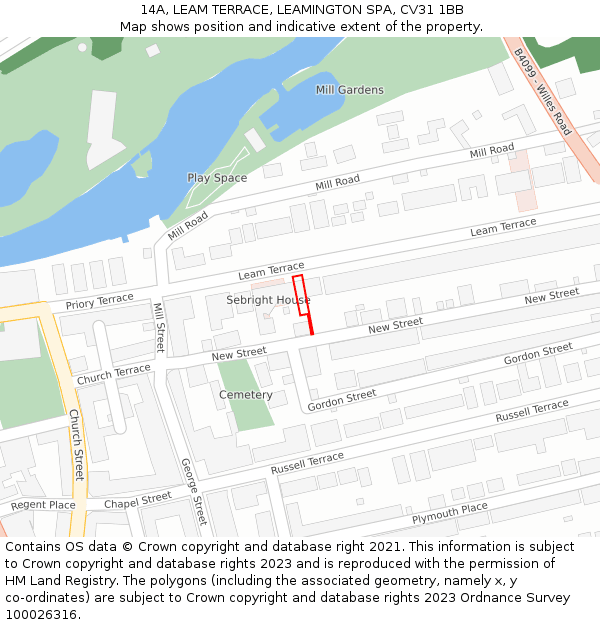 14A, LEAM TERRACE, LEAMINGTON SPA, CV31 1BB: Location map and indicative extent of plot