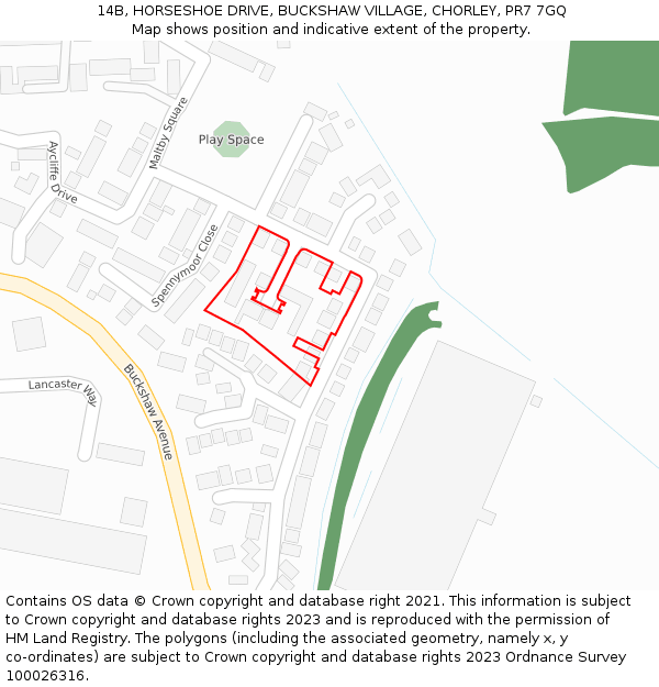 14B, HORSESHOE DRIVE, BUCKSHAW VILLAGE, CHORLEY, PR7 7GQ: Location map and indicative extent of plot