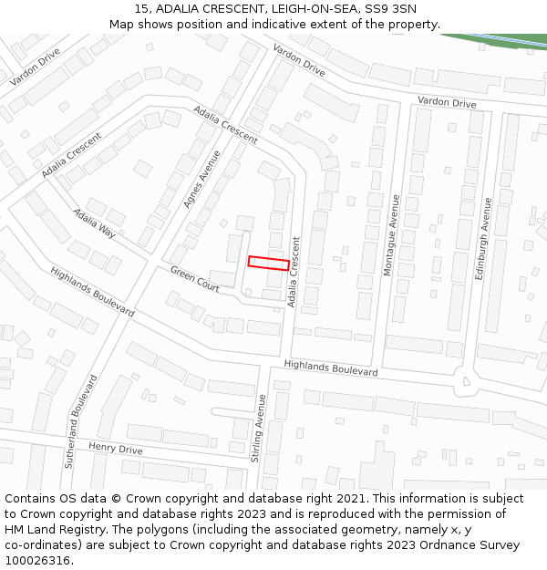 15, ADALIA CRESCENT, LEIGH-ON-SEA, SS9 3SN: Location map and indicative extent of plot