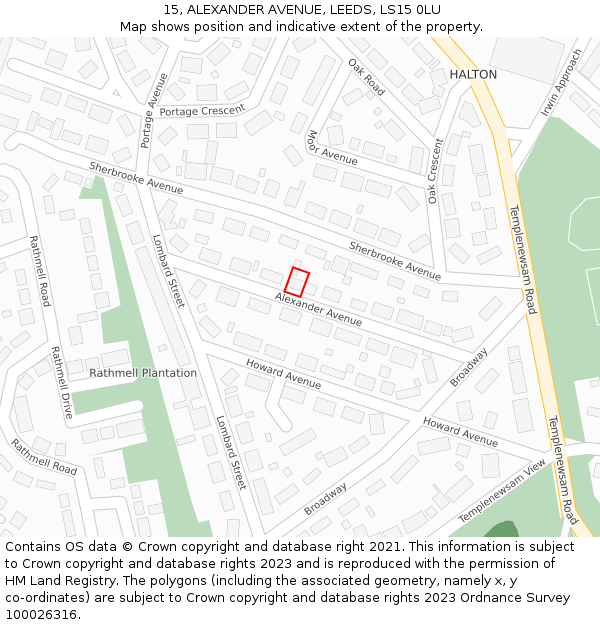 15, ALEXANDER AVENUE, LEEDS, LS15 0LU: Location map and indicative extent of plot