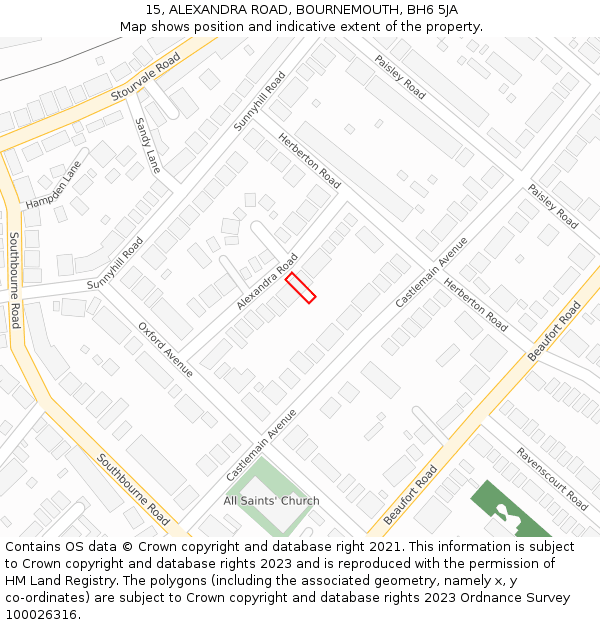 15, ALEXANDRA ROAD, BOURNEMOUTH, BH6 5JA: Location map and indicative extent of plot