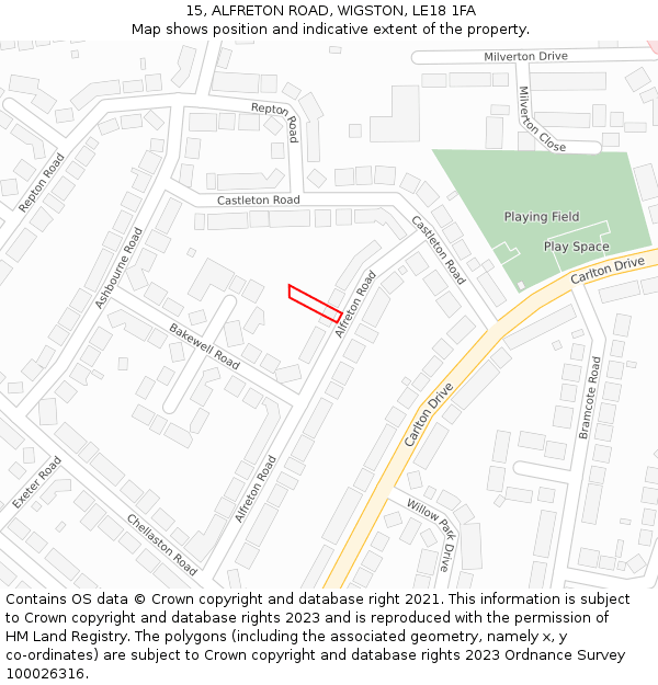 15, ALFRETON ROAD, WIGSTON, LE18 1FA: Location map and indicative extent of plot
