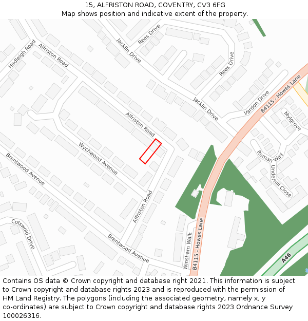 15, ALFRISTON ROAD, COVENTRY, CV3 6FG: Location map and indicative extent of plot