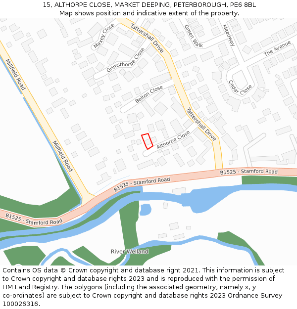 15, ALTHORPE CLOSE, MARKET DEEPING, PETERBOROUGH, PE6 8BL: Location map and indicative extent of plot