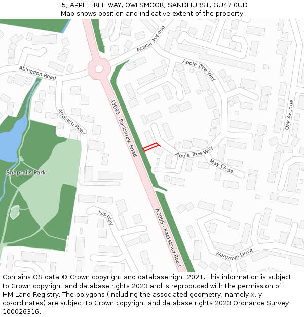 15, APPLETREE WAY, OWLSMOOR, SANDHURST, GU47 0UD: Location map and indicative extent of plot