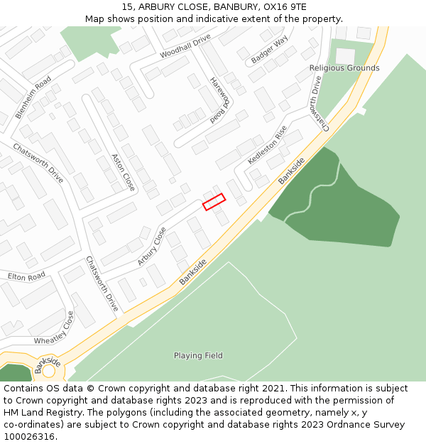 15, ARBURY CLOSE, BANBURY, OX16 9TE: Location map and indicative extent of plot