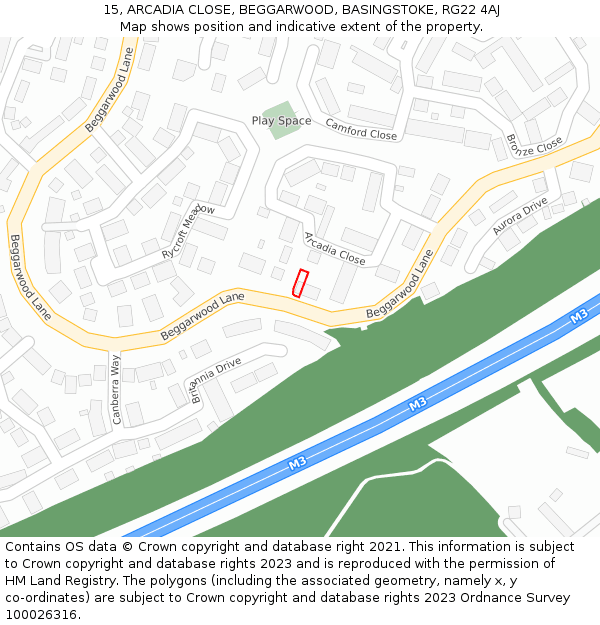 15, ARCADIA CLOSE, BEGGARWOOD, BASINGSTOKE, RG22 4AJ: Location map and indicative extent of plot