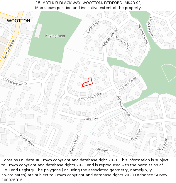 15, ARTHUR BLACK WAY, WOOTTON, BEDFORD, MK43 9FJ: Location map and indicative extent of plot
