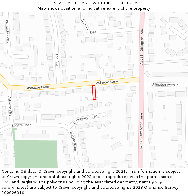 15, ASHACRE LANE, WORTHING, BN13 2DA: Location map and indicative extent of plot