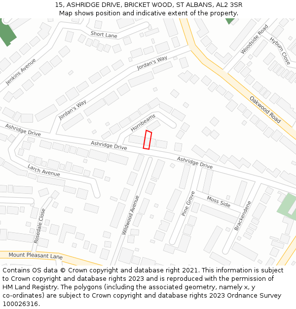 15, ASHRIDGE DRIVE, BRICKET WOOD, ST ALBANS, AL2 3SR: Location map and indicative extent of plot