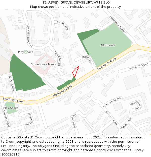15, ASPEN GROVE, DEWSBURY, WF13 2LQ: Location map and indicative extent of plot
