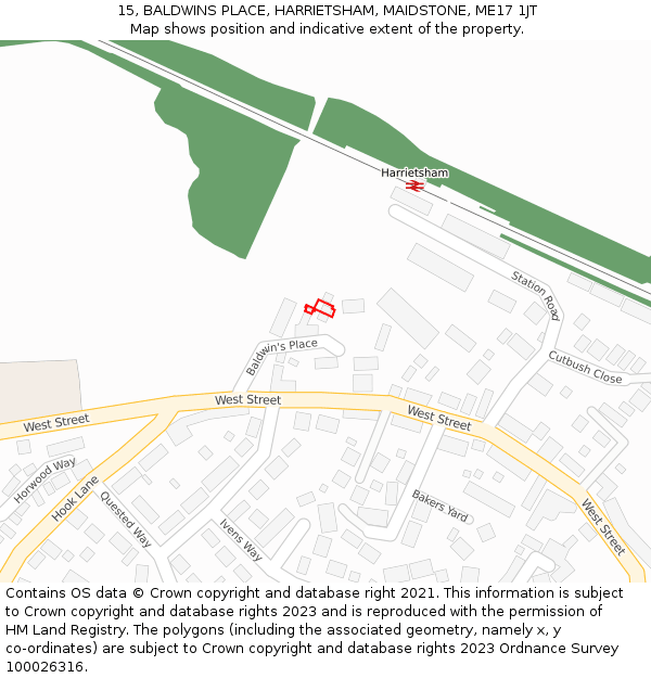 15, BALDWINS PLACE, HARRIETSHAM, MAIDSTONE, ME17 1JT: Location map and indicative extent of plot