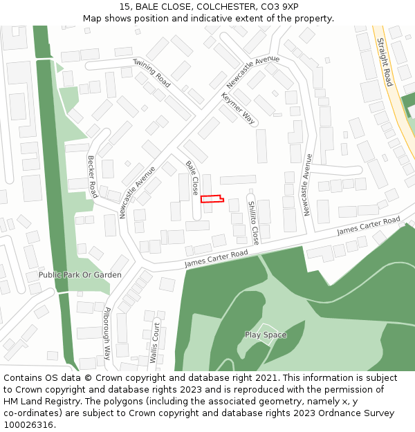 15, BALE CLOSE, COLCHESTER, CO3 9XP: Location map and indicative extent of plot