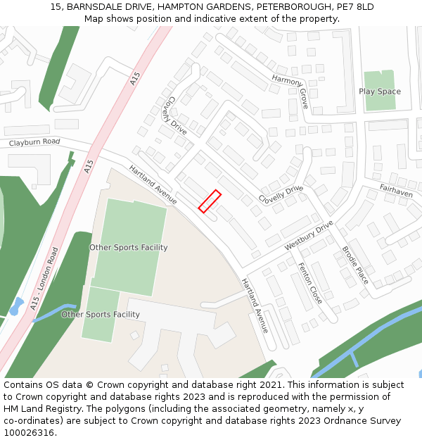 15, BARNSDALE DRIVE, HAMPTON GARDENS, PETERBOROUGH, PE7 8LD: Location map and indicative extent of plot