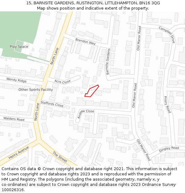 15, BARNSITE GARDENS, RUSTINGTON, LITTLEHAMPTON, BN16 3QG: Location map and indicative extent of plot