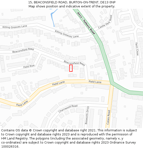 15, BEACONSFIELD ROAD, BURTON-ON-TRENT, DE13 0NP: Location map and indicative extent of plot
