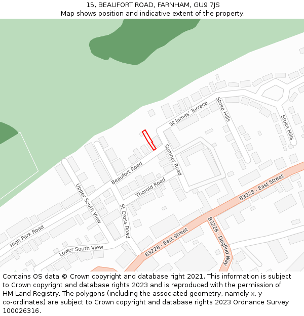 15, BEAUFORT ROAD, FARNHAM, GU9 7JS: Location map and indicative extent of plot