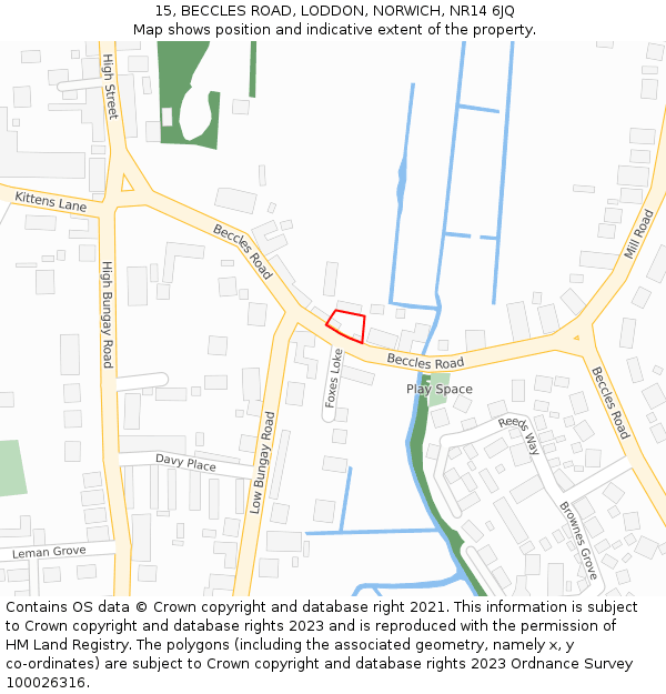 15, BECCLES ROAD, LODDON, NORWICH, NR14 6JQ: Location map and indicative extent of plot