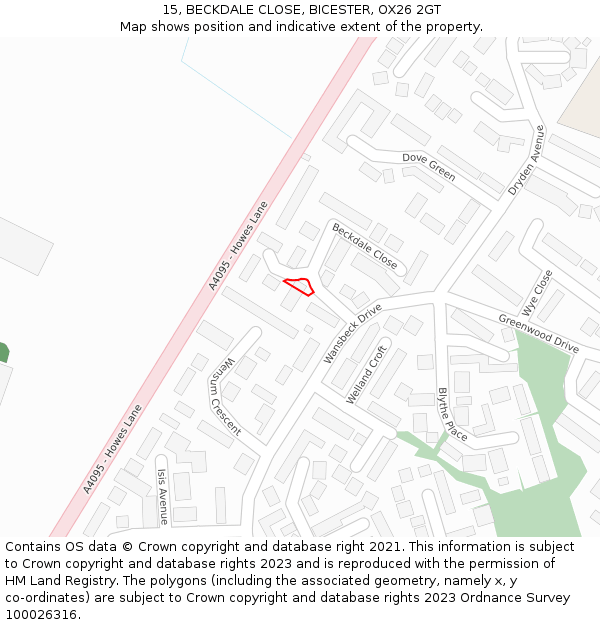 15, BECKDALE CLOSE, BICESTER, OX26 2GT: Location map and indicative extent of plot