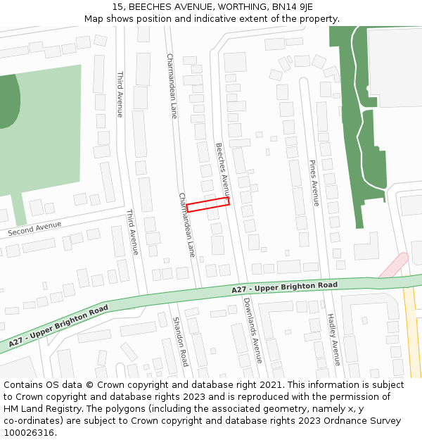 15, BEECHES AVENUE, WORTHING, BN14 9JE: Location map and indicative extent of plot
