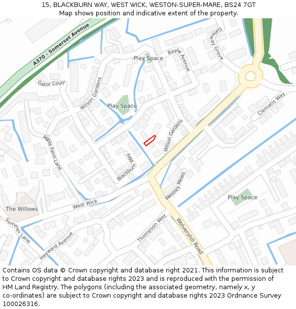 15, BLACKBURN WAY, WEST WICK, WESTON-SUPER-MARE, BS24 7GT: Location map and indicative extent of plot