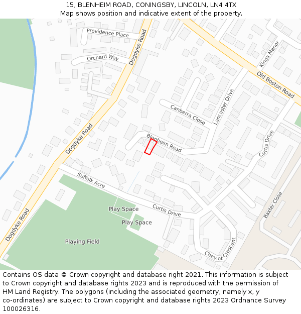 15, BLENHEIM ROAD, CONINGSBY, LINCOLN, LN4 4TX: Location map and indicative extent of plot