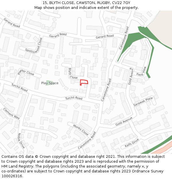 15, BLYTH CLOSE, CAWSTON, RUGBY, CV22 7GY: Location map and indicative extent of plot