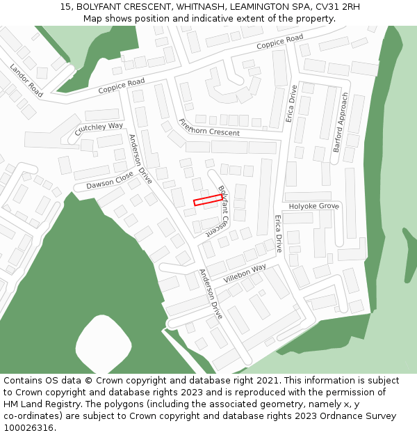15, BOLYFANT CRESCENT, WHITNASH, LEAMINGTON SPA, CV31 2RH: Location map and indicative extent of plot