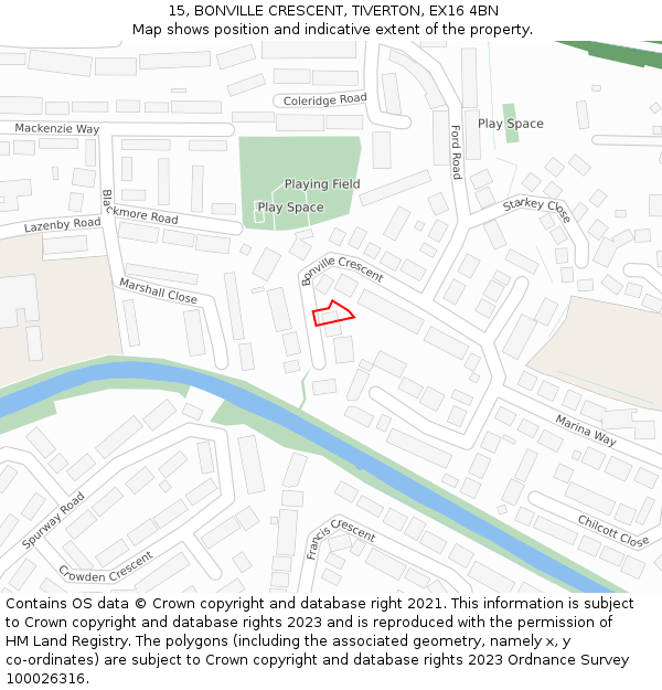15, BONVILLE CRESCENT, TIVERTON, EX16 4BN: Location map and indicative extent of plot