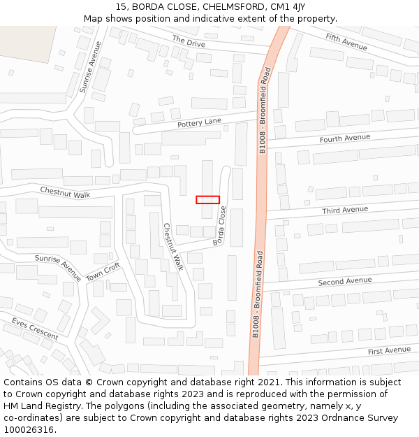 15, BORDA CLOSE, CHELMSFORD, CM1 4JY: Location map and indicative extent of plot