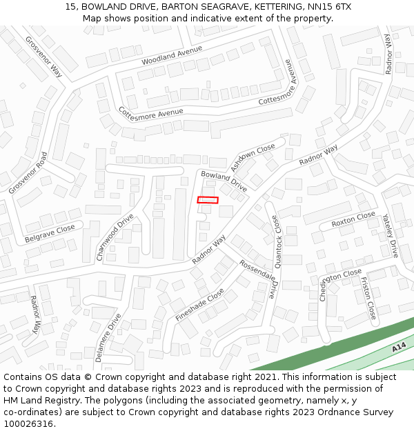 15, BOWLAND DRIVE, BARTON SEAGRAVE, KETTERING, NN15 6TX: Location map and indicative extent of plot