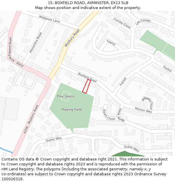15, BOXFIELD ROAD, AXMINSTER, EX13 5LB: Location map and indicative extent of plot