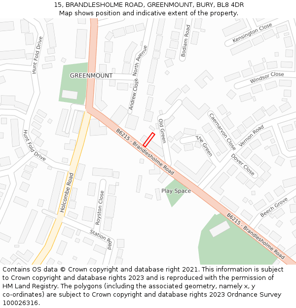15, BRANDLESHOLME ROAD, GREENMOUNT, BURY, BL8 4DR: Location map and indicative extent of plot