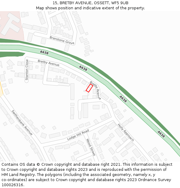 15, BRETBY AVENUE, OSSETT, WF5 9UB: Location map and indicative extent of plot