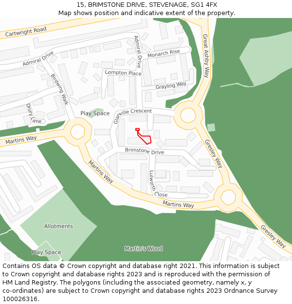 15, BRIMSTONE DRIVE, STEVENAGE, SG1 4FX: Location map and indicative extent of plot