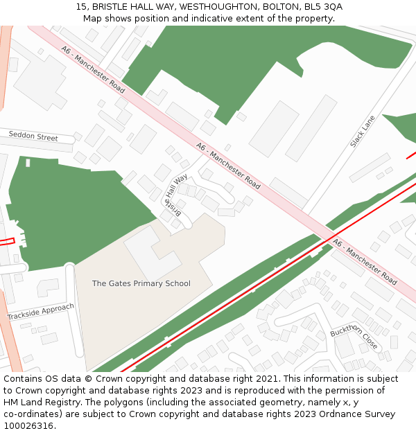 15, BRISTLE HALL WAY, WESTHOUGHTON, BOLTON, BL5 3QA: Location map and indicative extent of plot
