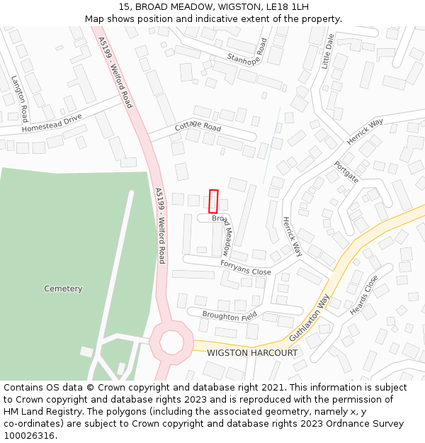 15, BROAD MEADOW, WIGSTON, LE18 1LH: Location map and indicative extent of plot