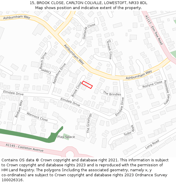 15, BROOK CLOSE, CARLTON COLVILLE, LOWESTOFT, NR33 8DL: Location map and indicative extent of plot