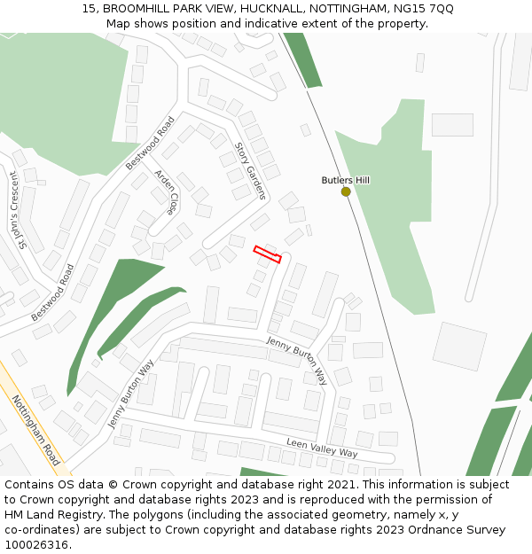 15, BROOMHILL PARK VIEW, HUCKNALL, NOTTINGHAM, NG15 7QQ: Location map and indicative extent of plot